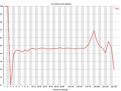 Ion Torrent - stingless bee RESTseq run on a 316 chip - FASTQC analysis on the final set of reads (trimmed barcode, CGA reads 130-250bp) - per base GC content - note the CGA at the beginning and end (variable read length, thus variable position of the CGA there) of each read.