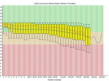 Ion Torrent - stingless bee RESTseq run on a 316 chip - FASTQC analysis on the final set of reads (trimmed barcode, CGA reads 130-250bp) - per base quality