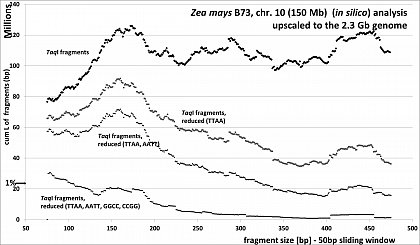 Zea mays (46.8% GC, ca 80% TE's), RESTseq example, cumulative length of remaining fragments in relation to selected fragment size and after reduction with different RE's, based on 150Mb chr 10, upscaled to the 2.3Gb genome